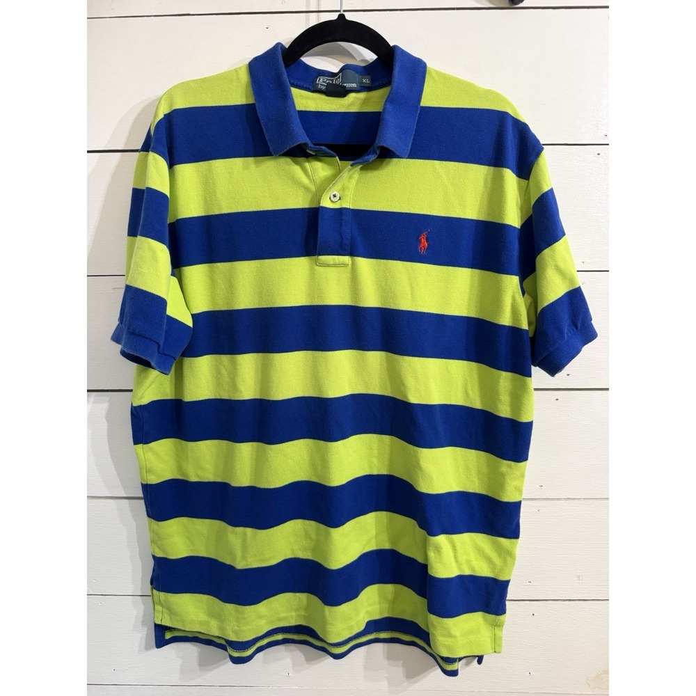 Polo Ralph Lauren Men's XL‎ Neon Blue Green Striped Knit Shirt Orange Pony